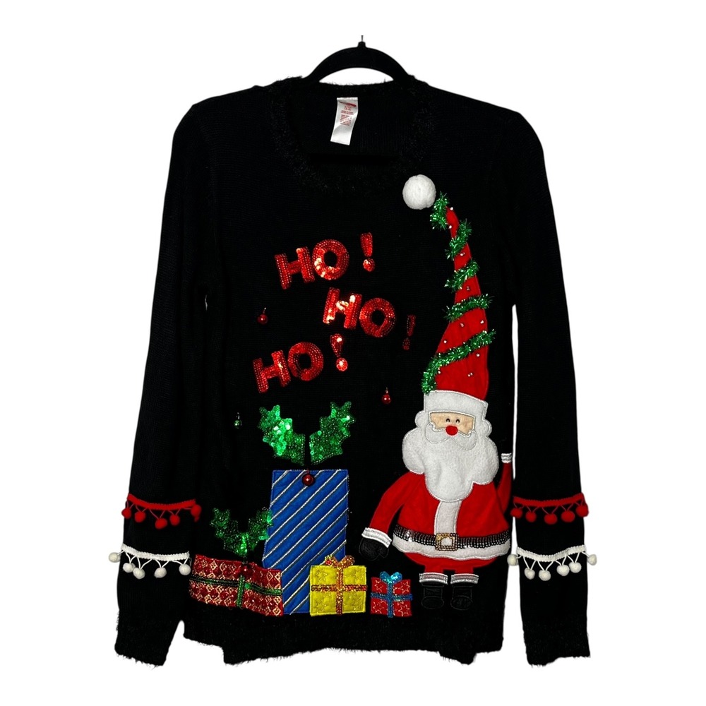Holiday Time Womens Santa Ho Ho Ho Light Up Christmas‎ Sweater Black Small 4-6
